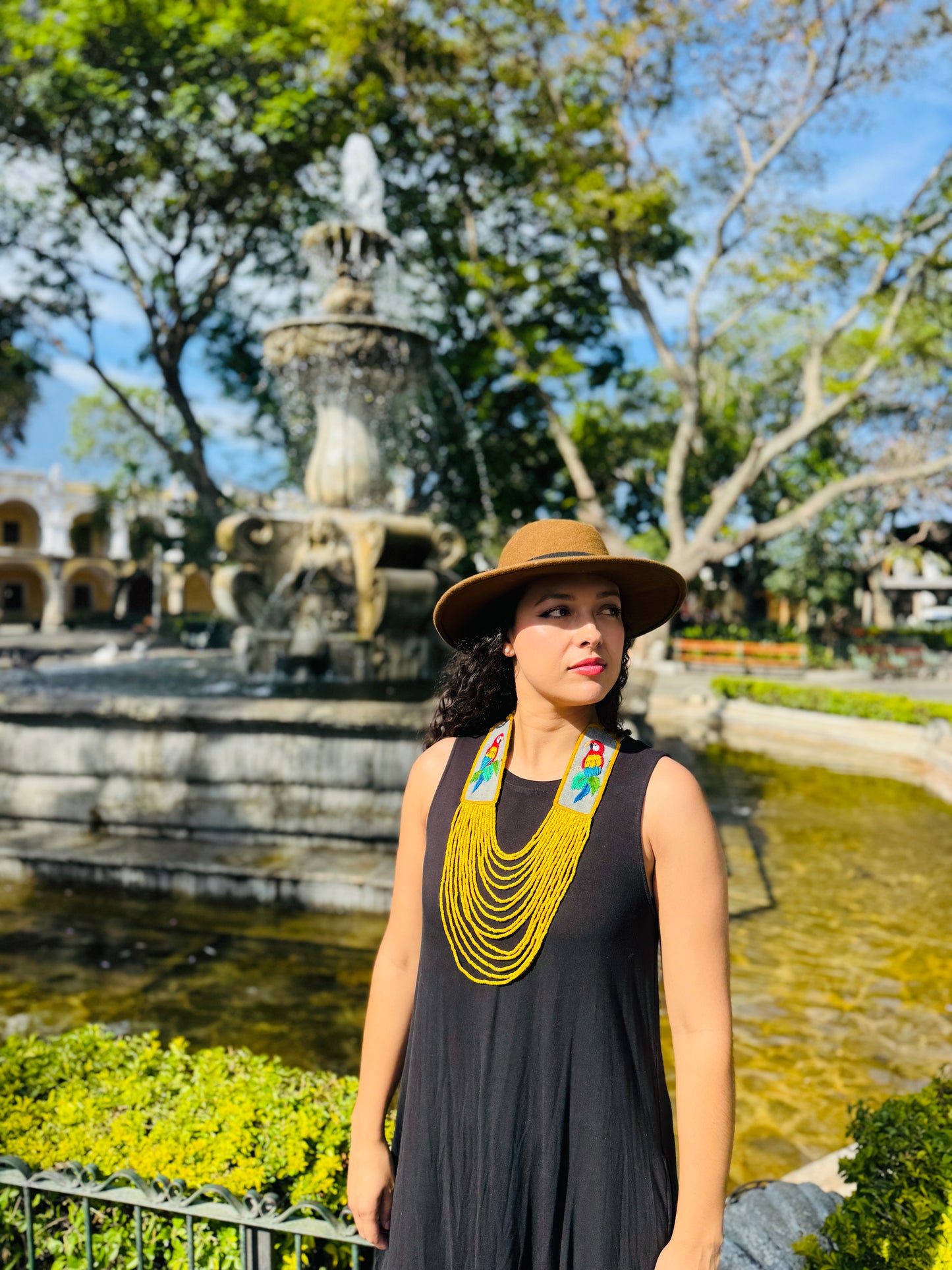 Adjustable Necklace with Guatemalan Bird Guacamaya Embroidery from Santiago with Ceramic Beads, yellow