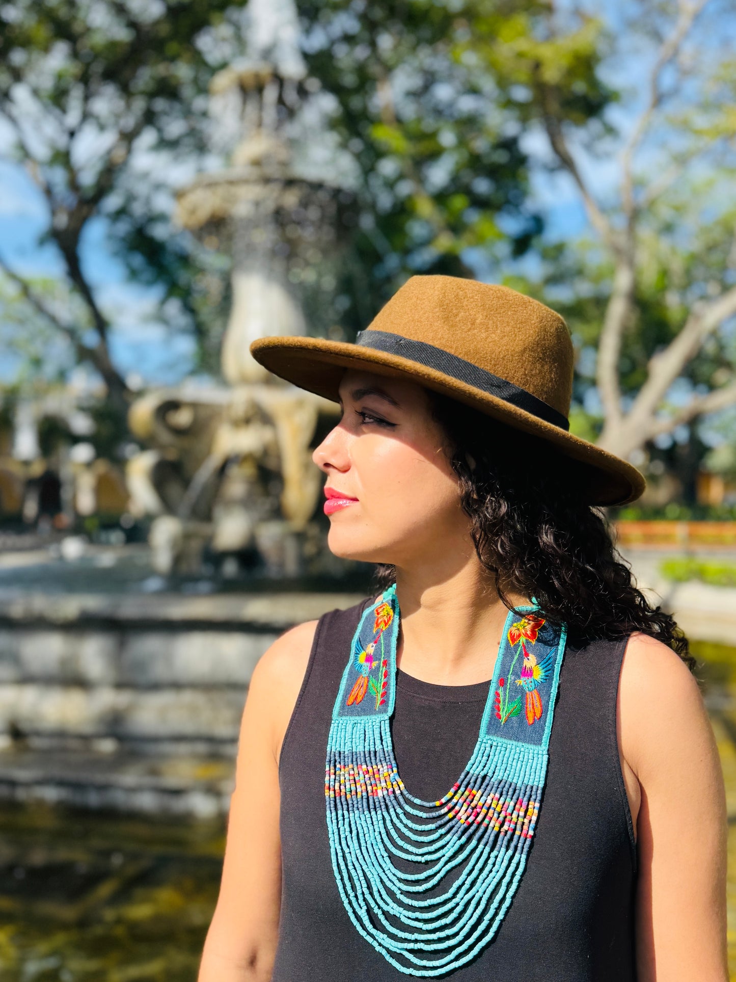 Adjustable Necklace with Guatemalan Bird Colibri Embroidery from Santiago with Ceramic Beads, celeste