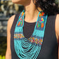 Adjustable Necklace with Guatemalan Bird Colibri Embroidery from Santiago with Ceramic Beads, celeste