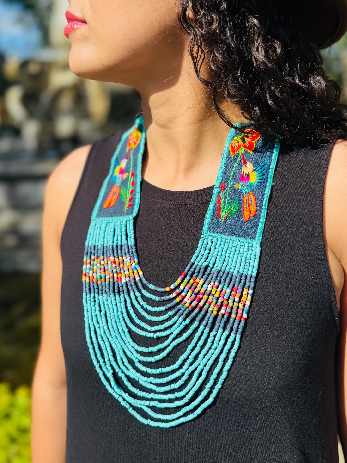 Adjustable Necklace with Guatemalan Bird Colibri Embroidery from Santiago with Ceramic Beads, celeste