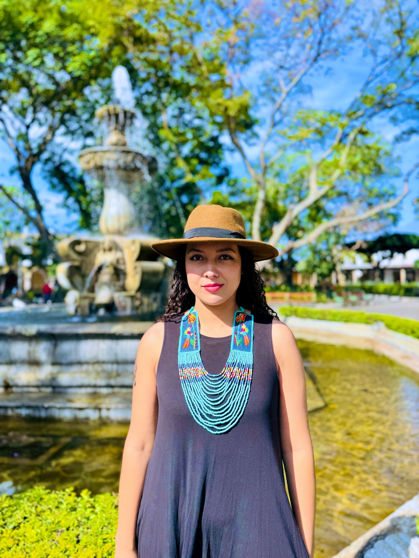 Adjustable Necklace with Guatemalan Bird Colibri Embroidery from Santiago with Ceramic Beads, celeste