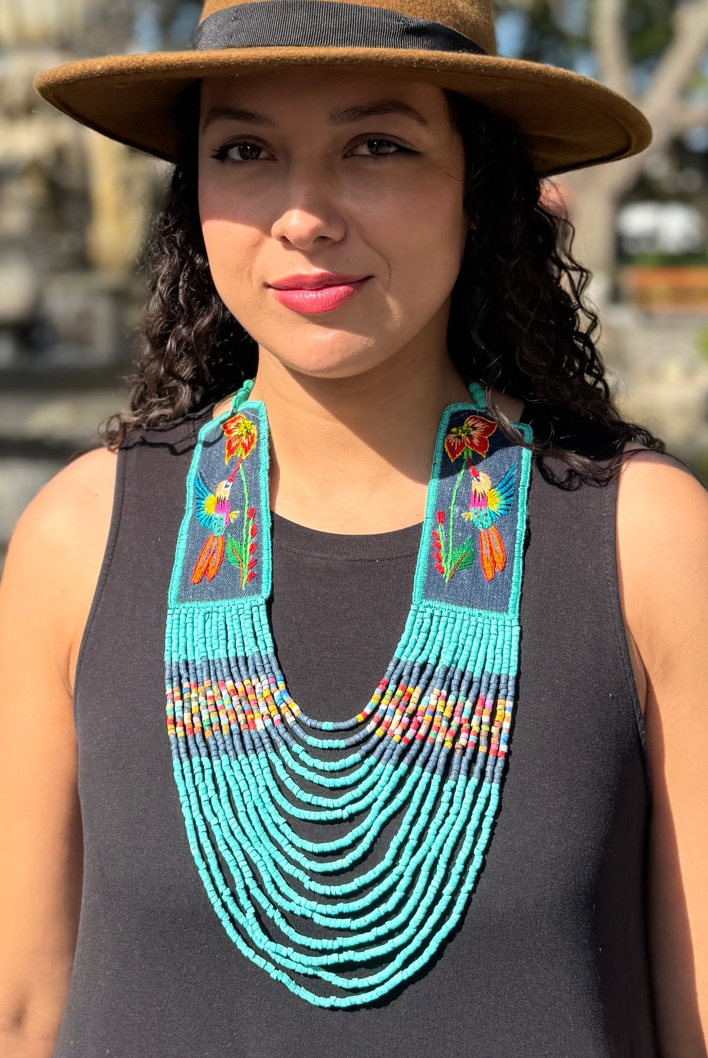 Adjustable Necklace with Guatemalan Bird Colibri Embroidery from Santiago with Ceramic Beads, celeste
