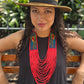 Adjustable Necklace with Guatemalan Bird Colibri Embroidery from Santiago with Ceramic Beads, red