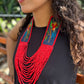 Adjustable Necklace with Guatemalan Bird Colibri Embroidery from Santiago with Ceramic Beads, red
