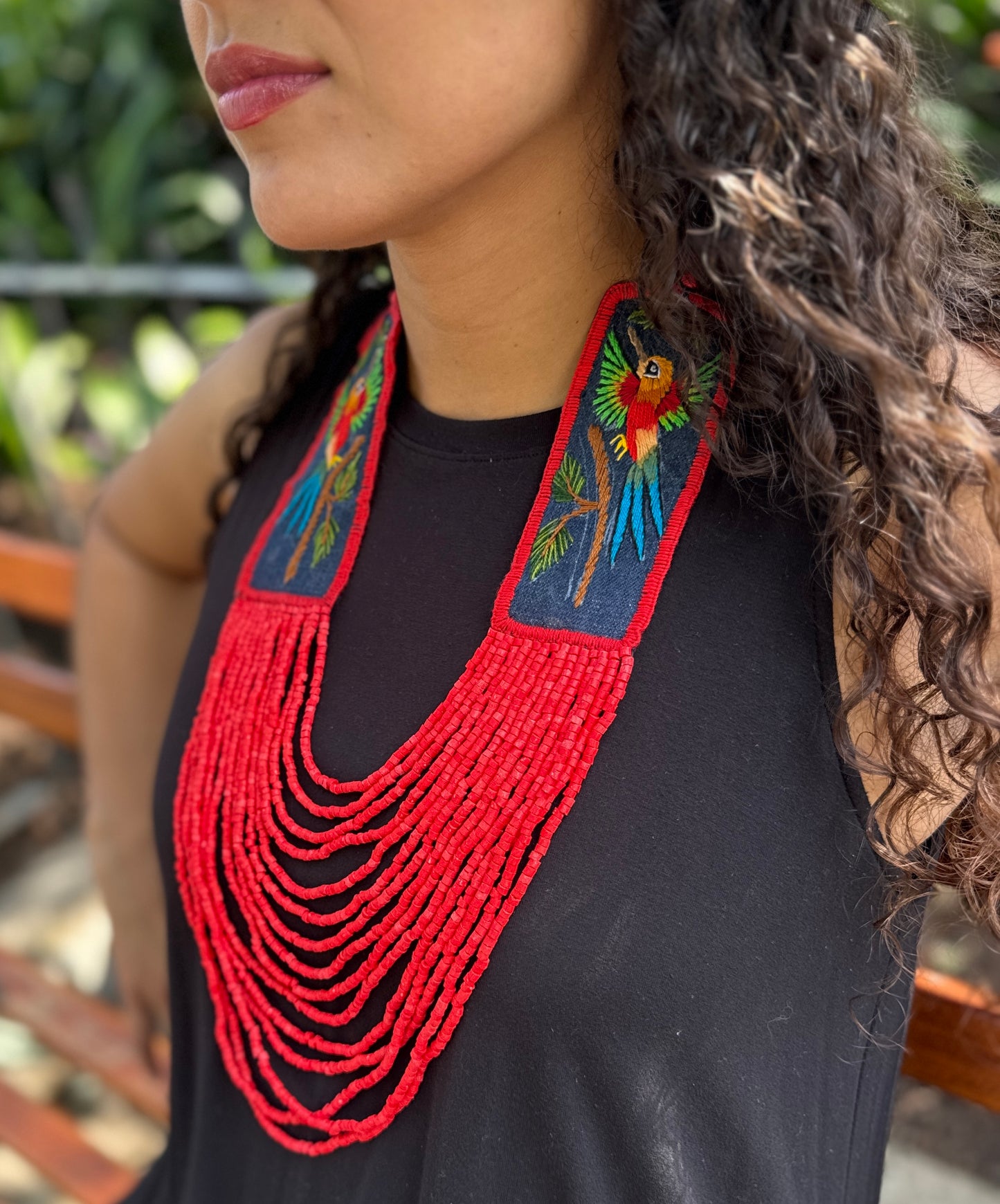 Adjustable Necklace with Guatemalan Bird Colibri Embroidery from Santiago with Ceramic Beads, red
