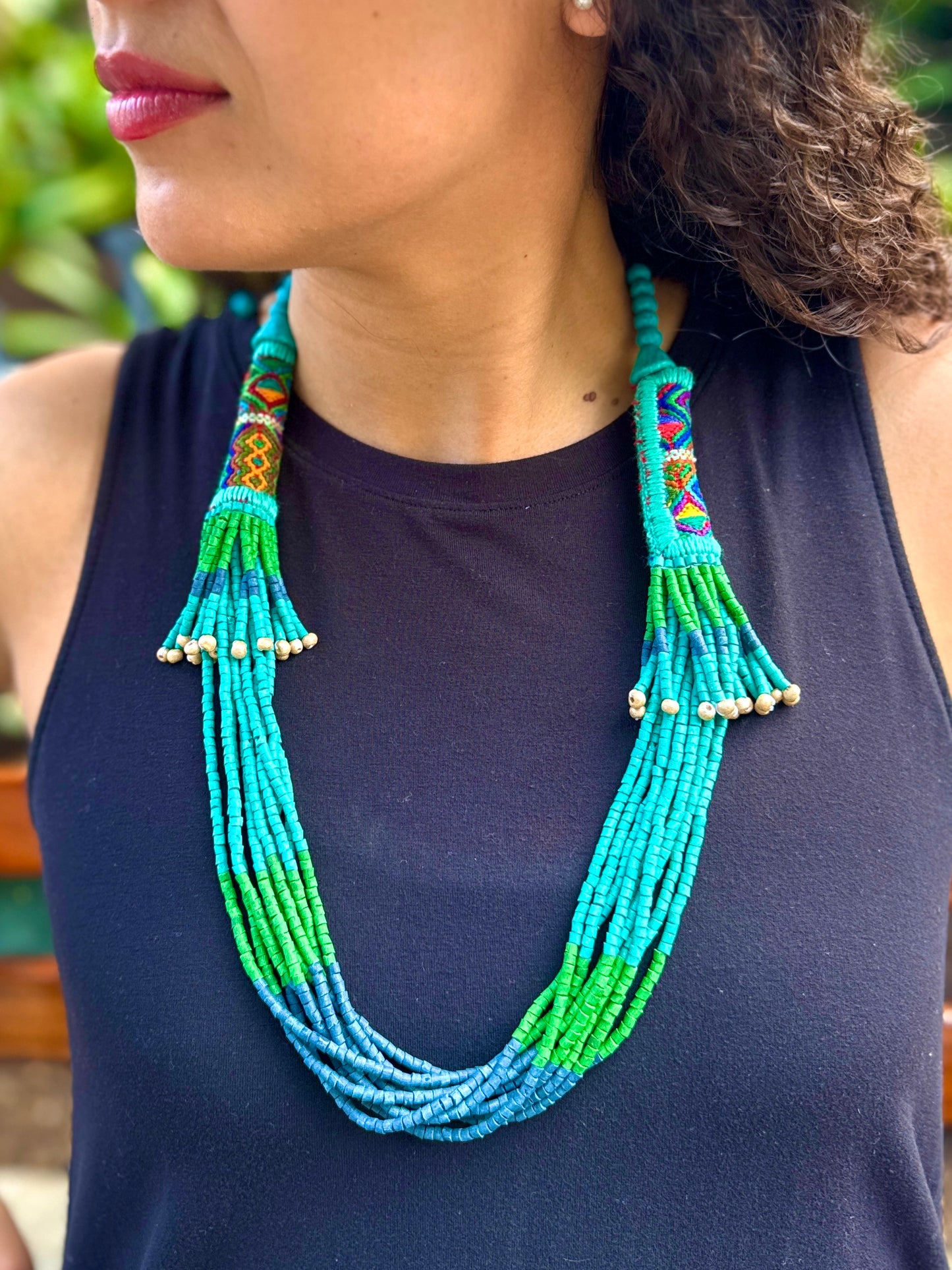 Multi-Strand Ceramic Bead with Ceremonial Textile Necklace, turquoise