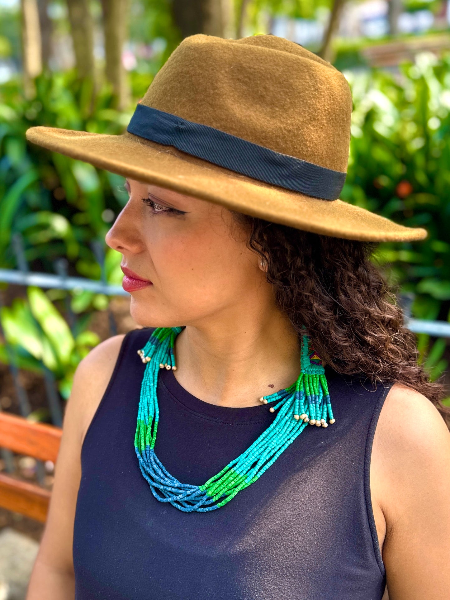 Multi-Strand Ceramic Bead with Ceremonial Textile Necklace, turquoise