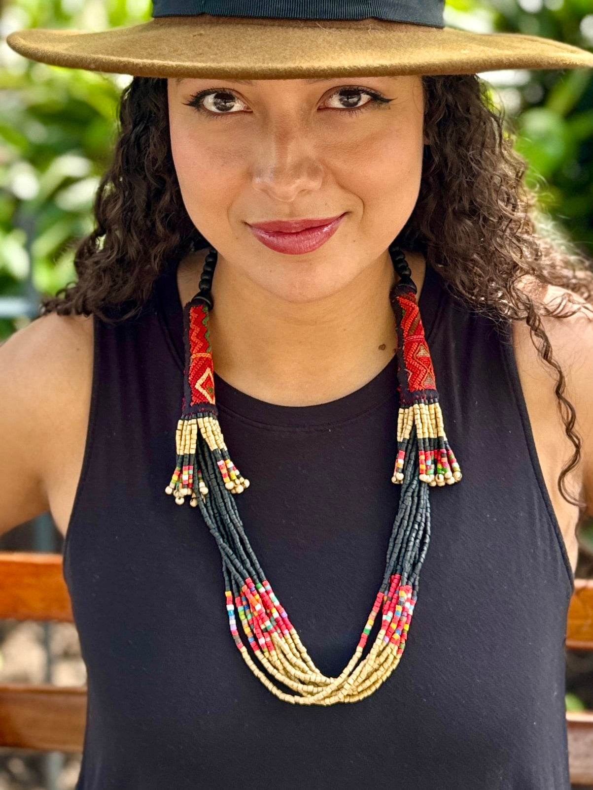 Multi-Strand Ceramic Bead with Ceremonial Textile Necklace, black & gold
