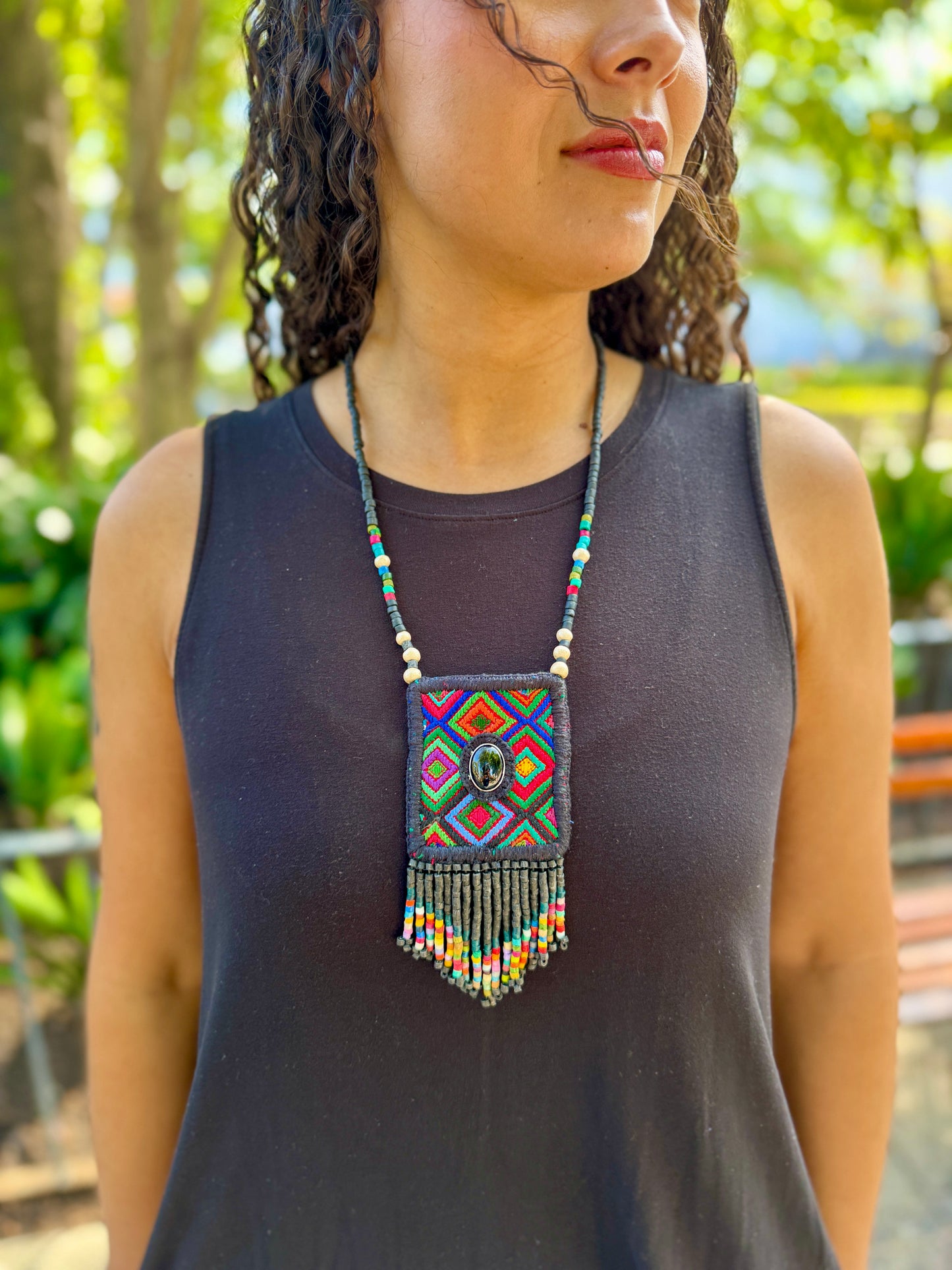 Vintage Chichicastenango Textile Pendant Necklace with Jade & Bead Fringe, black