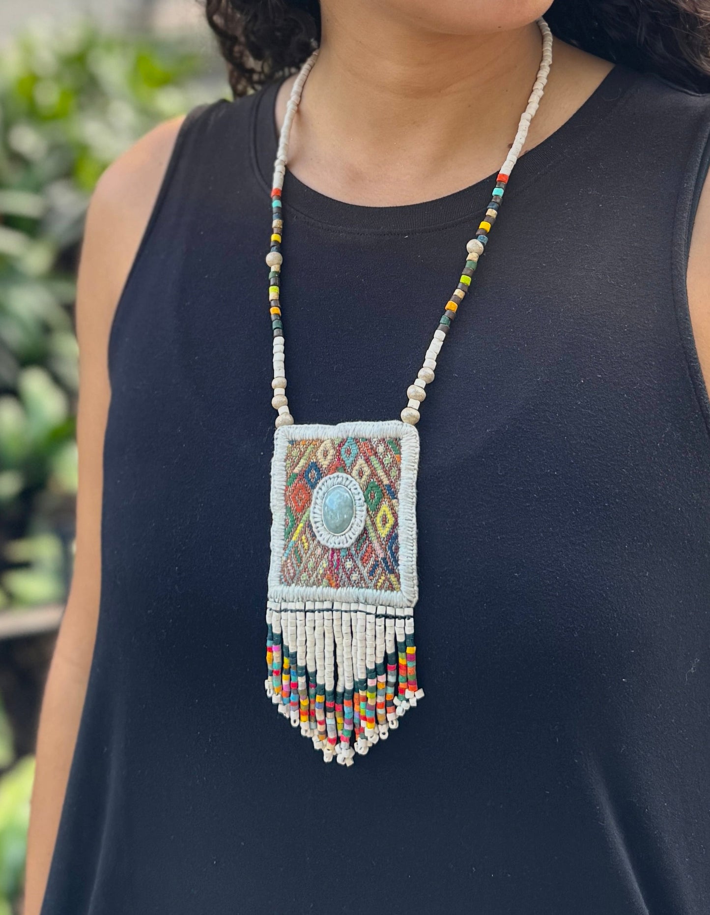 Vintage Chichicastenango Textile Pendant Necklace with Jade & Bead Fringe, white pastels