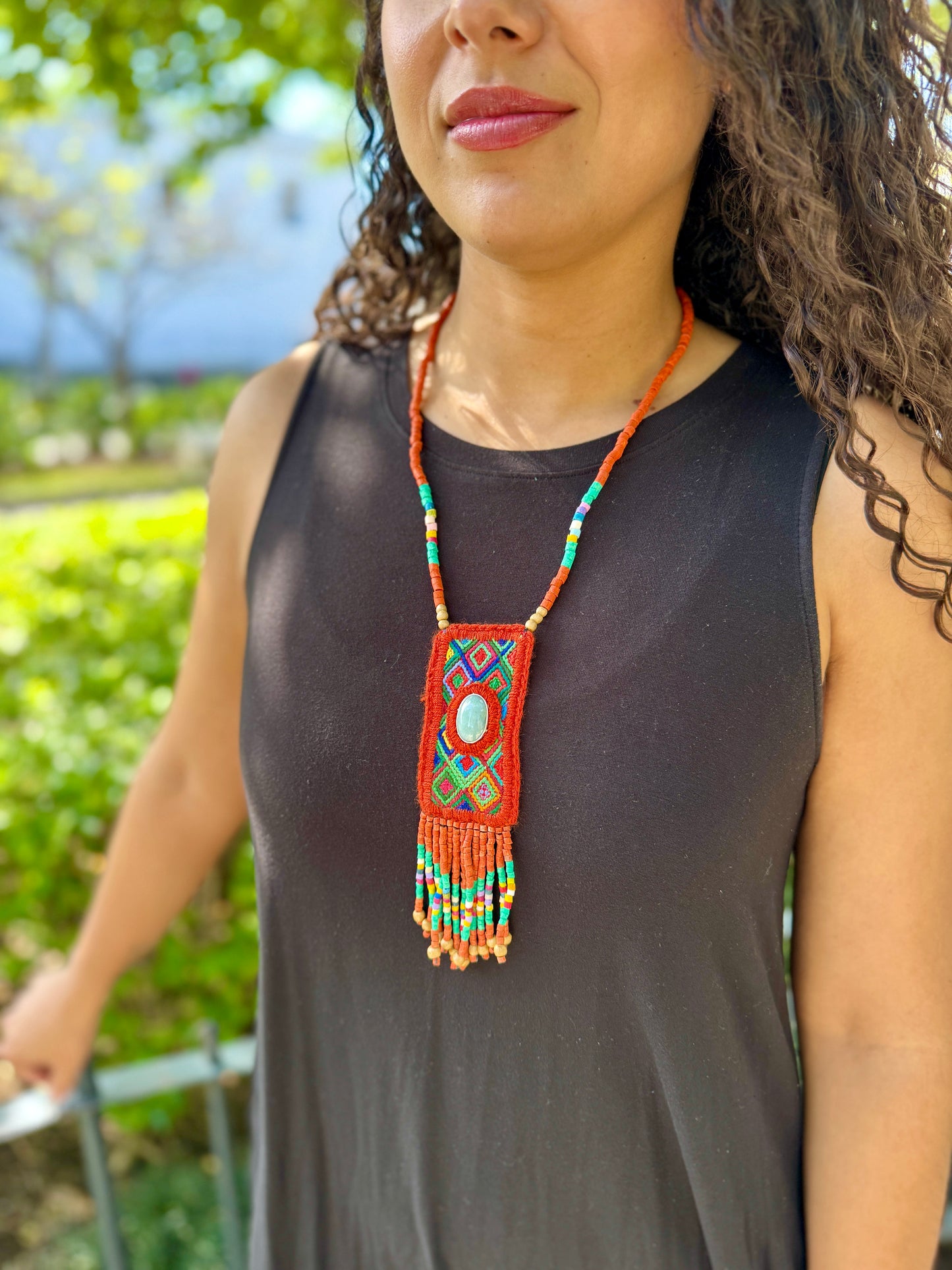 Vintage Chichicastenango Textile Pendant Necklace with Jade & Bead Fringe, orange
