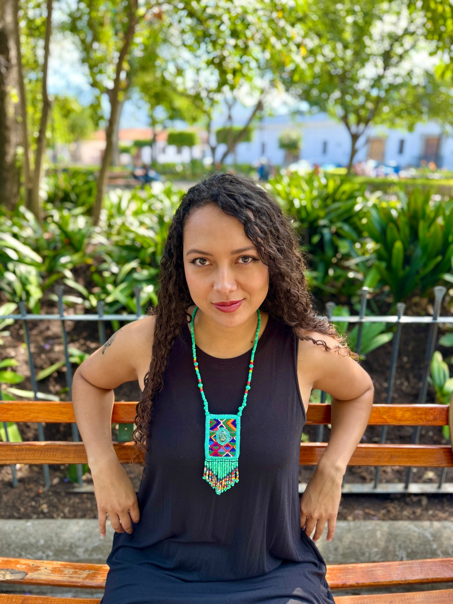 Vintage Chichicastenango Textile Pendant Necklace with Jade & Bead Fringe, turquoise green jade