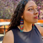 Guatemalan Mayan Textile Statement Earrings with Handmade Clay Beads, dark blue rectangle