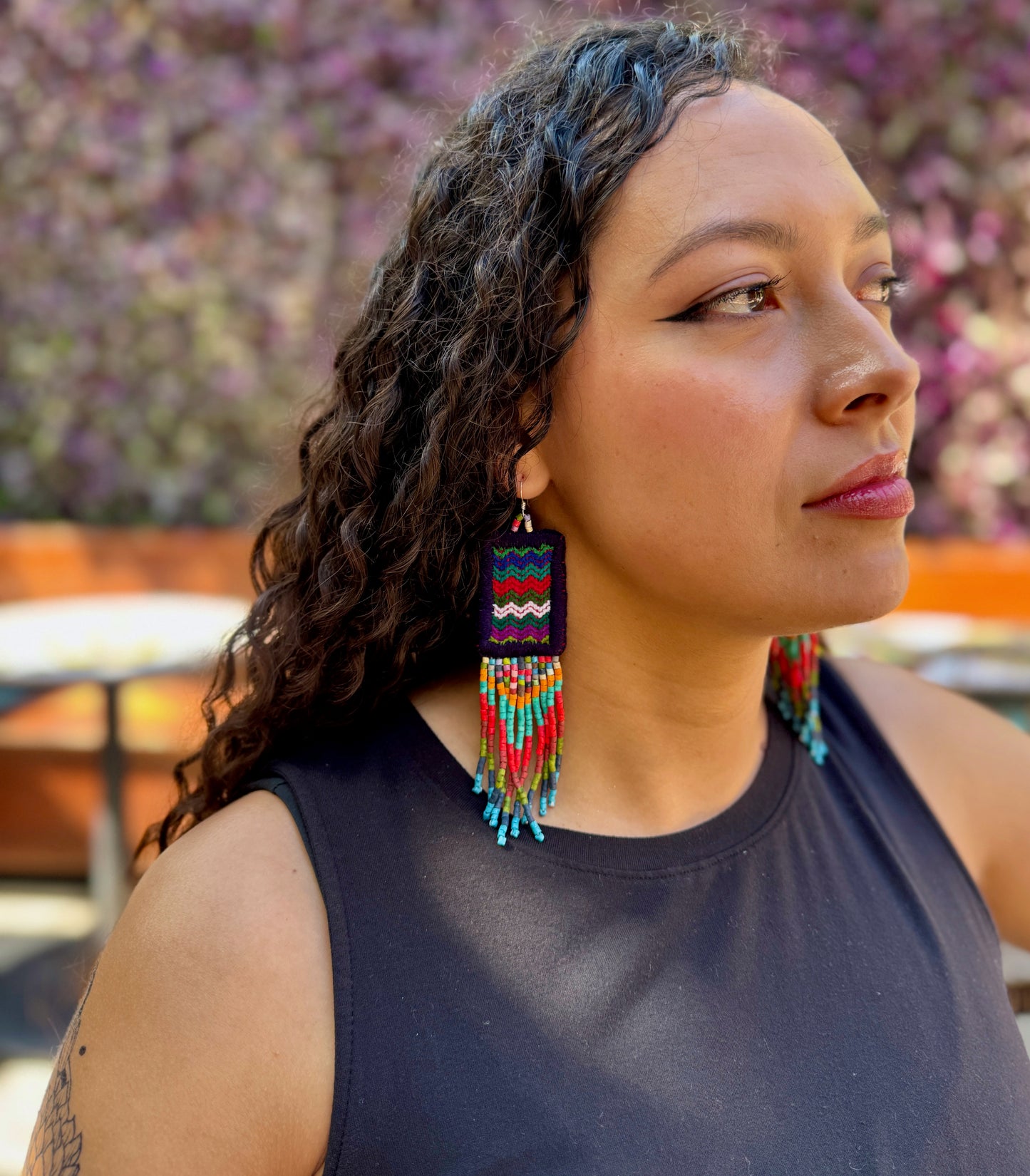 Guatemalan Mayan Textile Statement Earrings with Handmade Clay Beads, dark blue rectangle