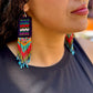 Guatemalan Mayan Textile Statement Earrings with Handmade Clay Beads, dark blue rectangle