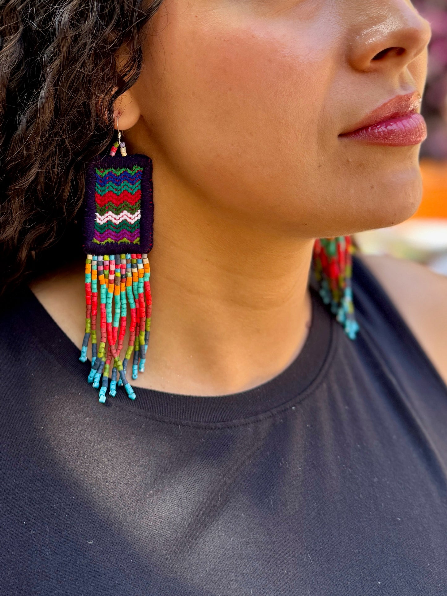 Guatemalan Mayan Textile Statement Earrings with Handmade Clay Beads, dark blue rectangle