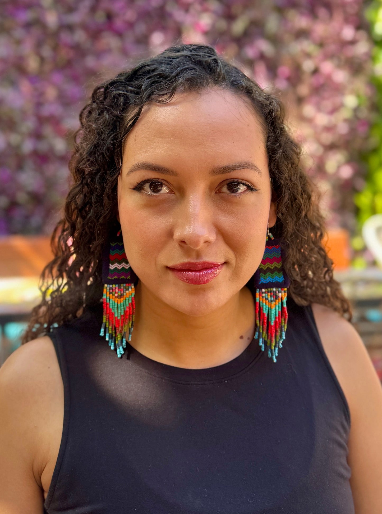 Guatemalan Mayan Textile Statement Earrings with Handmade Clay Beads, dark blue rectangle