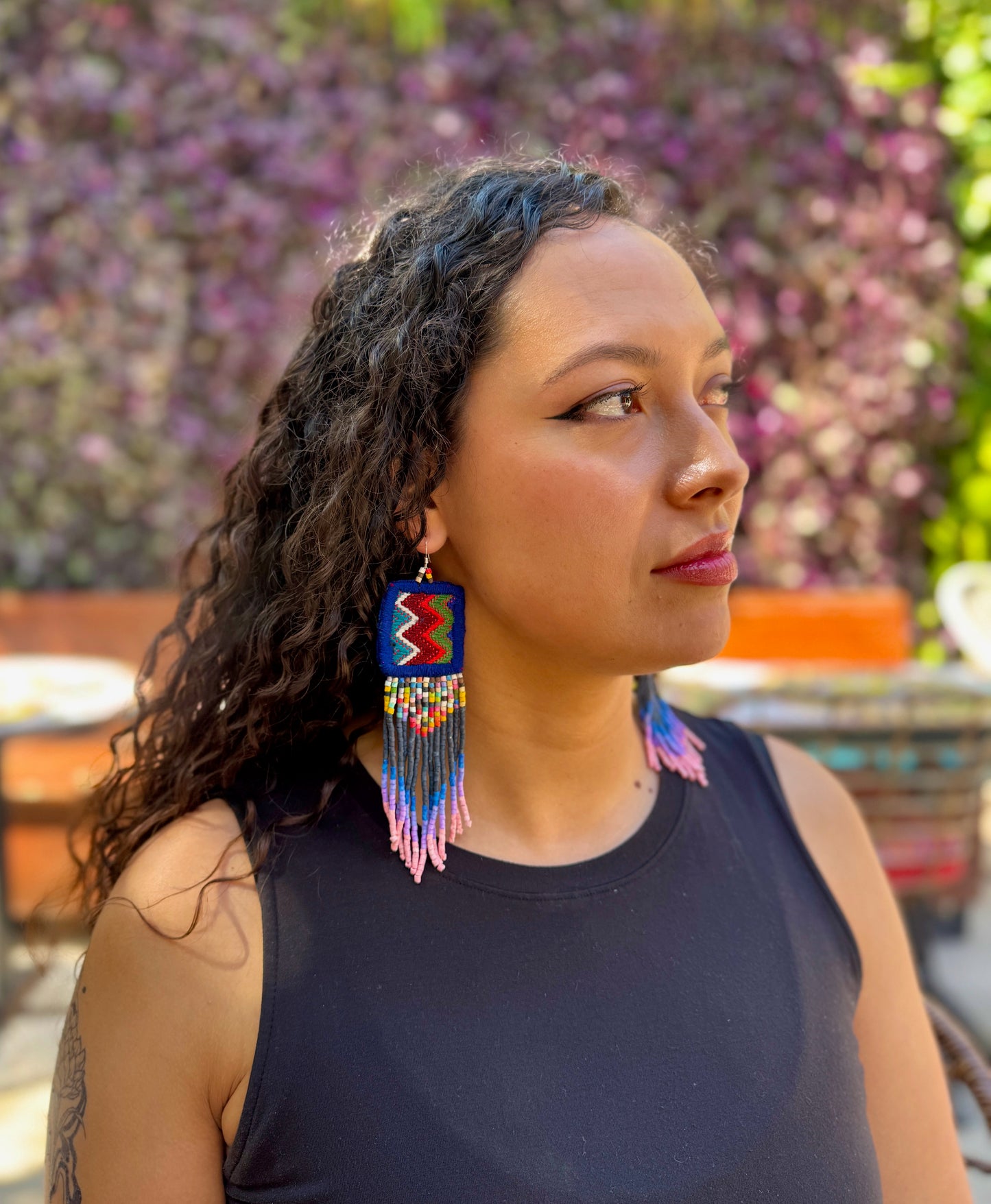 Guatemalan Mayan Textile Statement Earrings with Handmade Clay Beads, navy blue zig zag