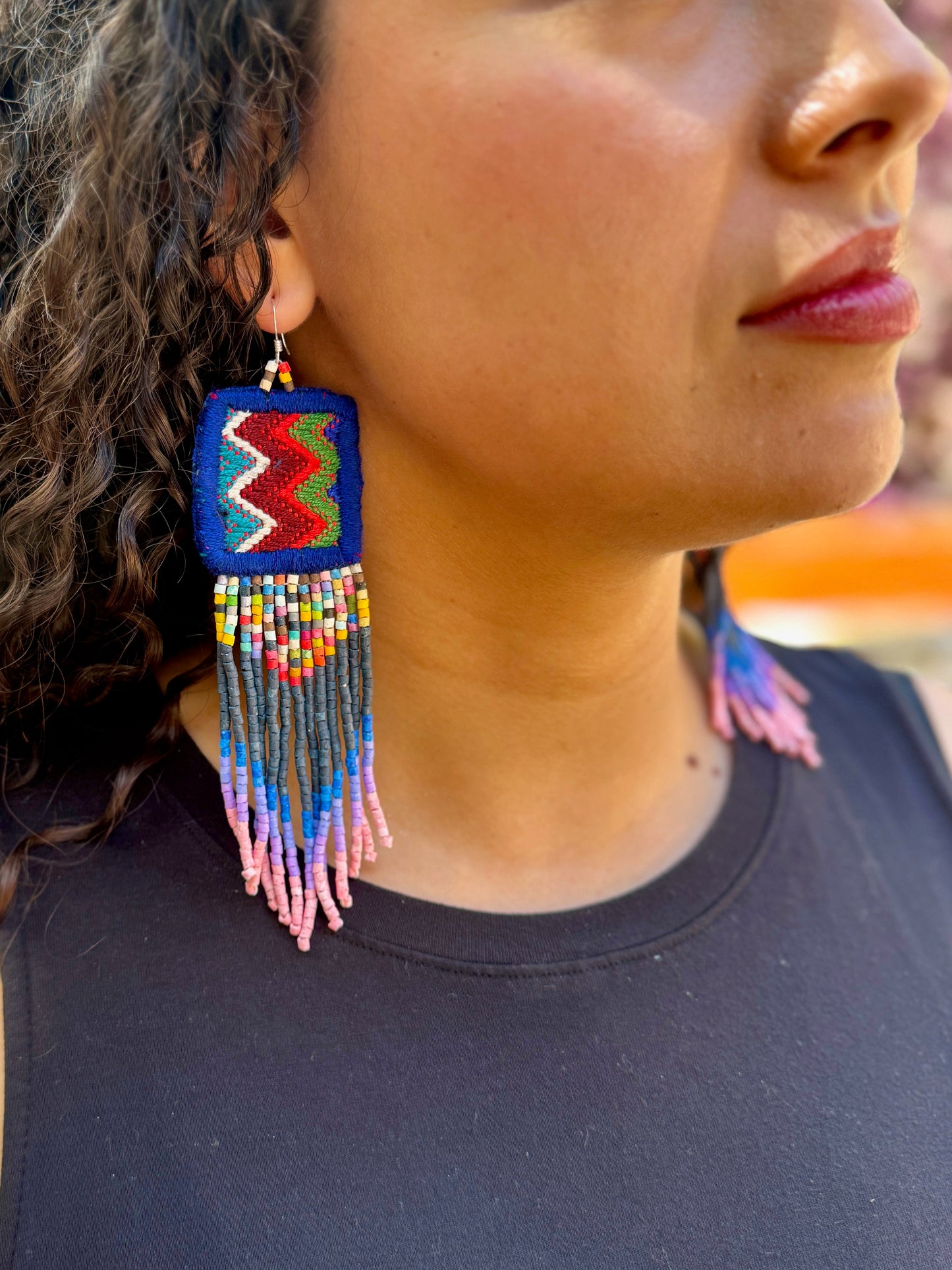 Guatemalan Mayan Textile Statement Earrings with Handmade Clay Beads, navy blue zig zag