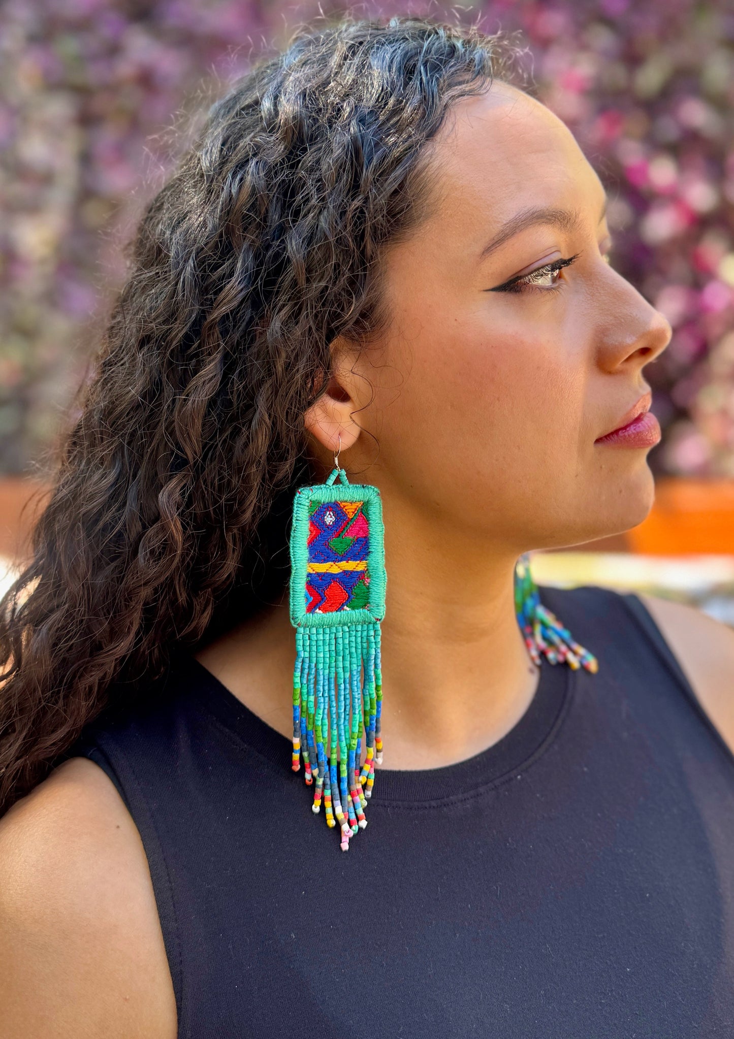 Guatemalan Mayan Textile Statement Earrings with Handmade Clay Beads, turquoise rectangle