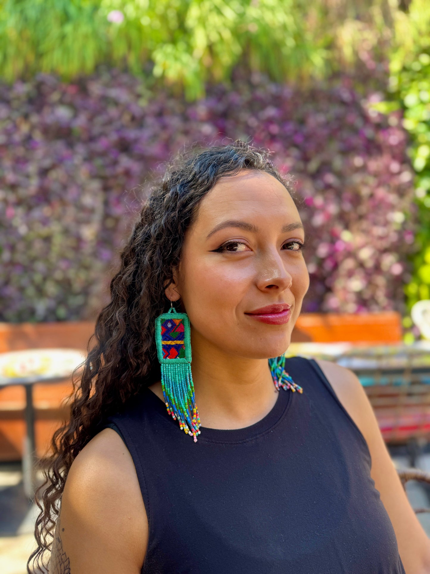 Guatemalan Mayan Textile Statement Earrings with Handmade Clay Beads, turquoise rectangle
