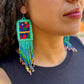 Guatemalan Mayan Textile Statement Earrings with Handmade Clay Beads, turquoise rectangle