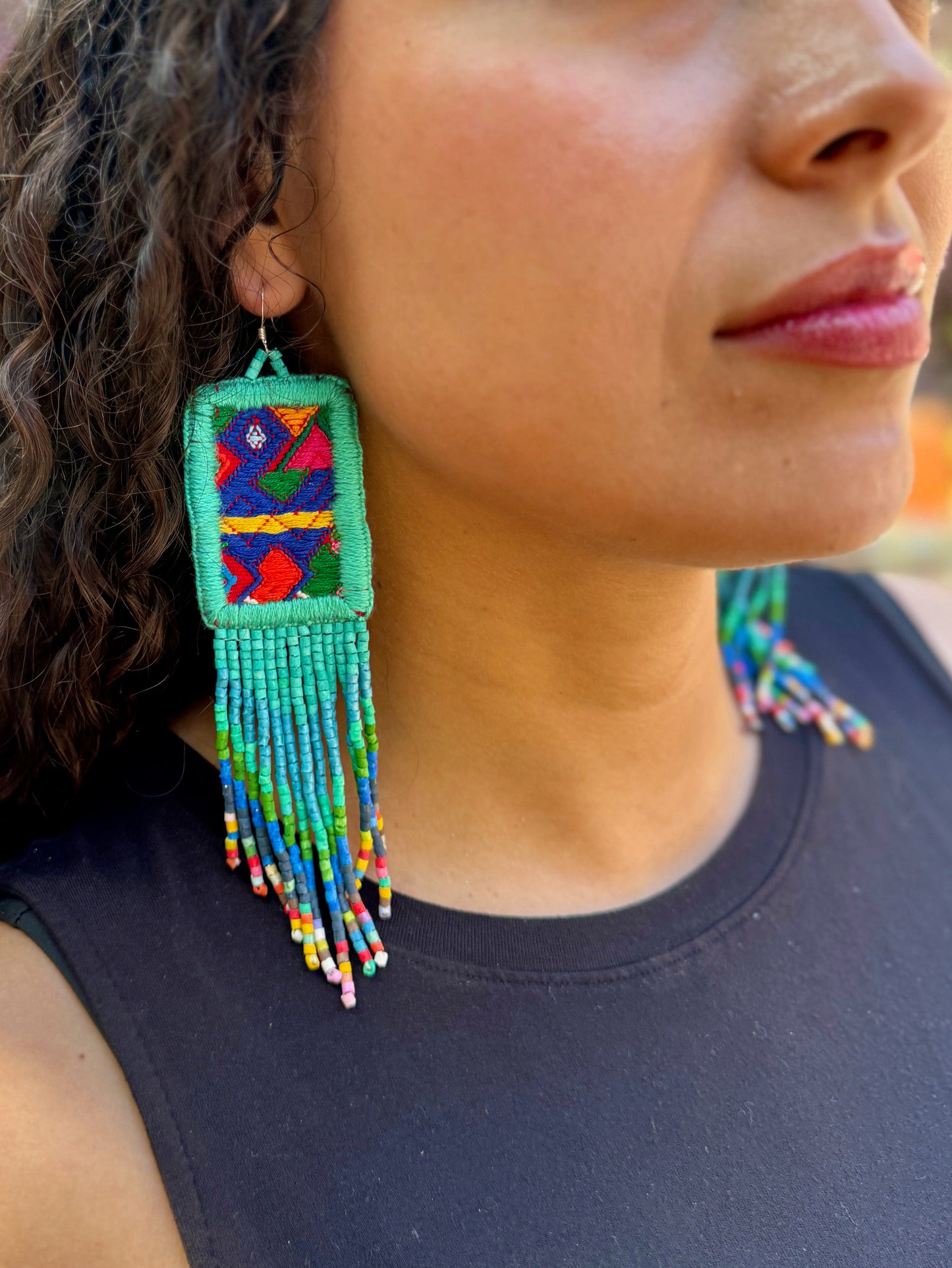 Guatemalan Mayan Textile Statement Earrings with Handmade Clay Beads, turquoise rectangle