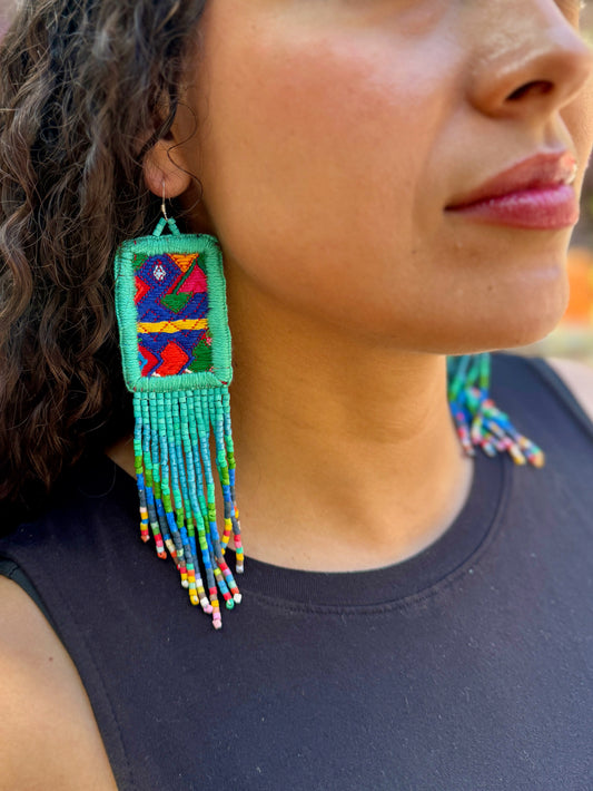 Guatemalan Mayan Textile Statement Earrings with Handmade Clay Beads, turquoise rectangle