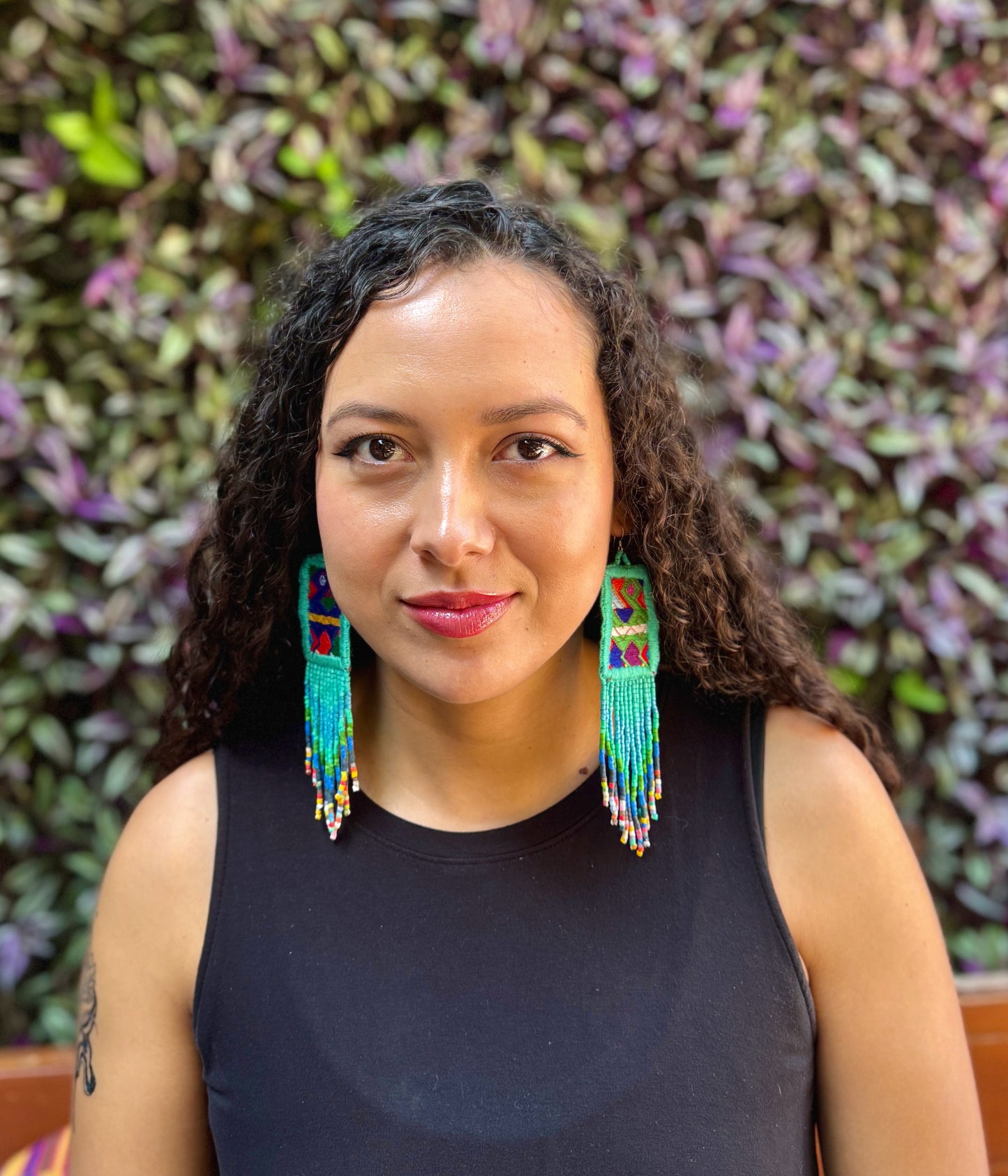 Guatemalan Mayan Textile Statement Earrings with Handmade Clay Beads, turquoise rectangle