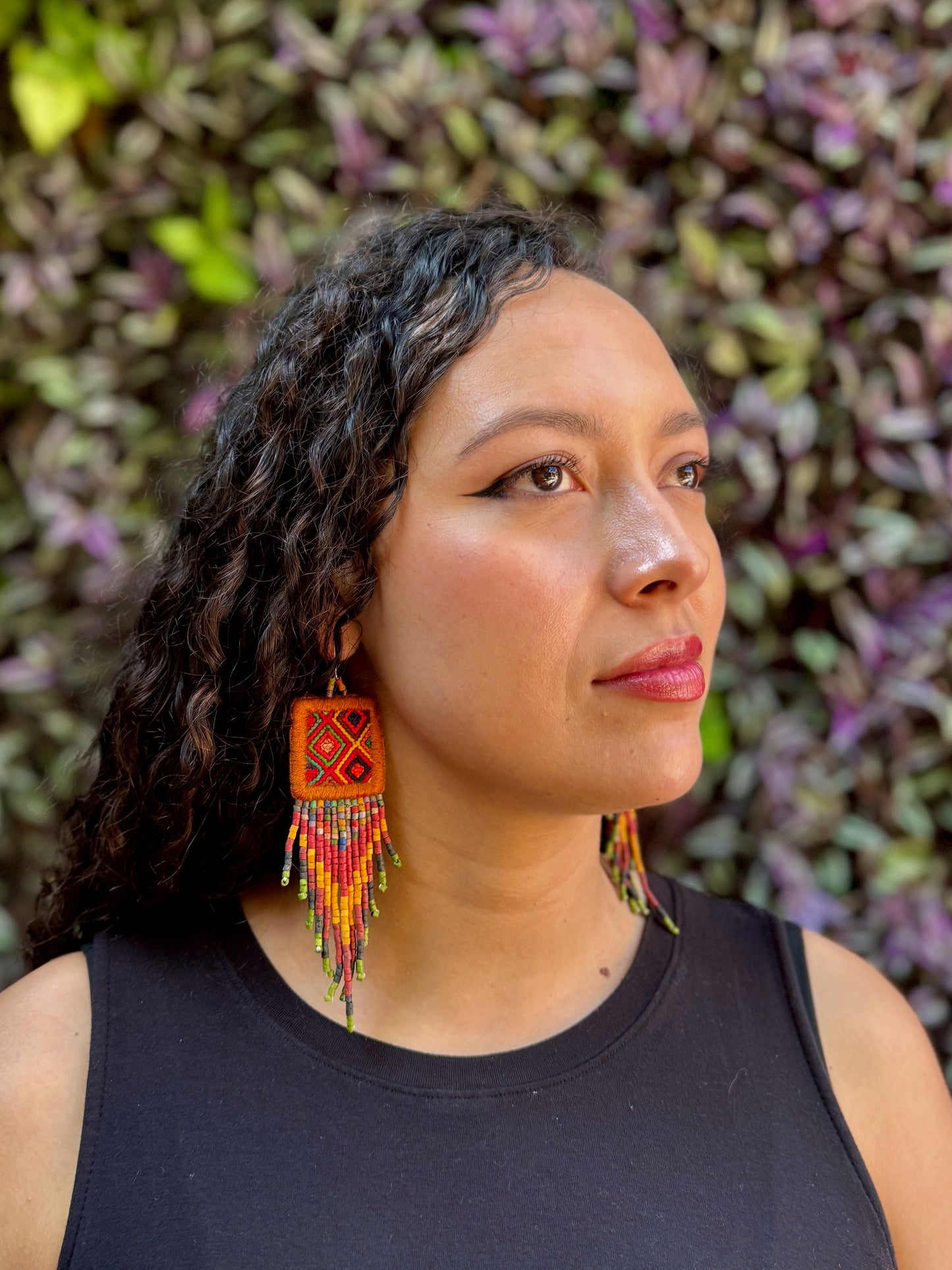 Guatemalan Mayan Textile Statement Earrings with Handmade Clay Beads, burnt orange square