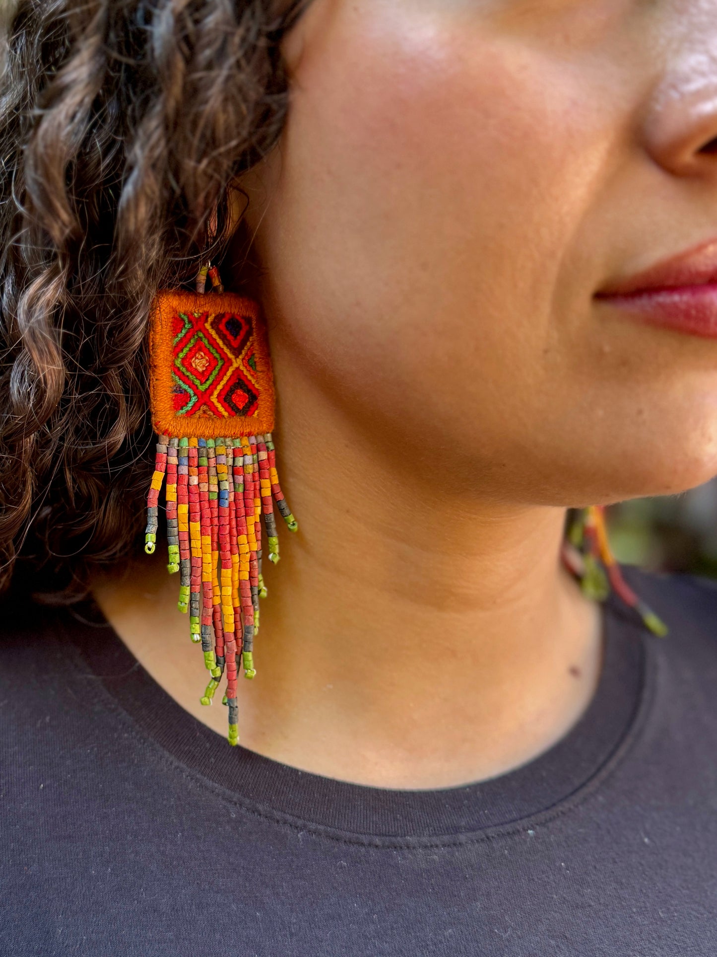 Guatemalan Mayan Textile Statement Earrings with Handmade Clay Beads, burnt orange square
