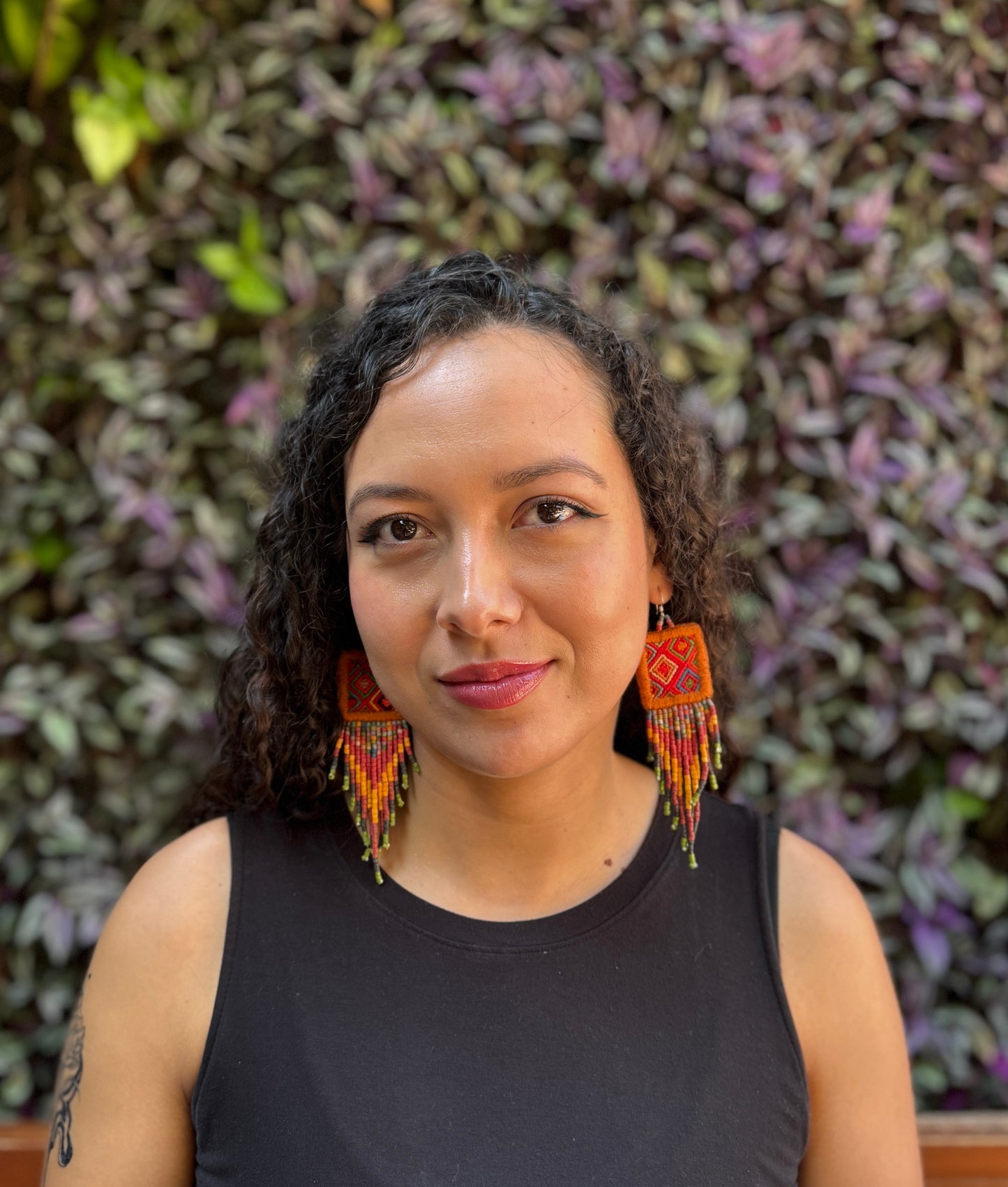 Guatemalan Mayan Textile Statement Earrings with Handmade Clay Beads, burnt orange square