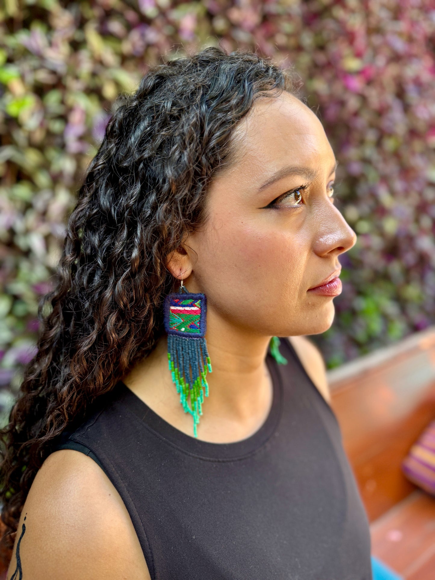 Guatemalan Mayan Textile Statement Earrings with Handmade Clay Beads, navy square