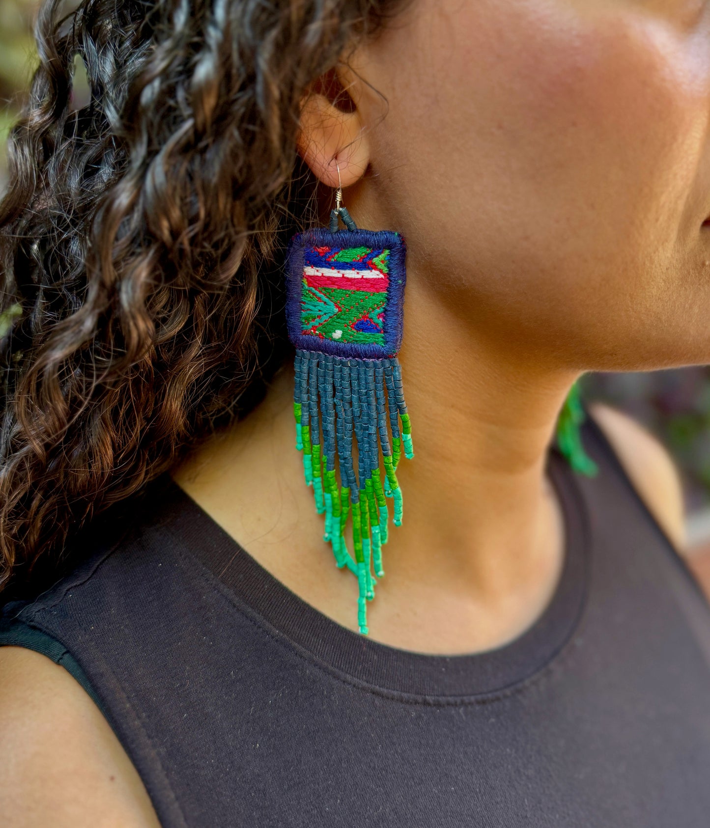 Guatemalan Mayan Textile Statement Earrings with Handmade Clay Beads, navy square