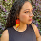 Handmade Statement Earrings with Aguacatán Textile & Graduated Clay Bead Fringe, burnt orange square