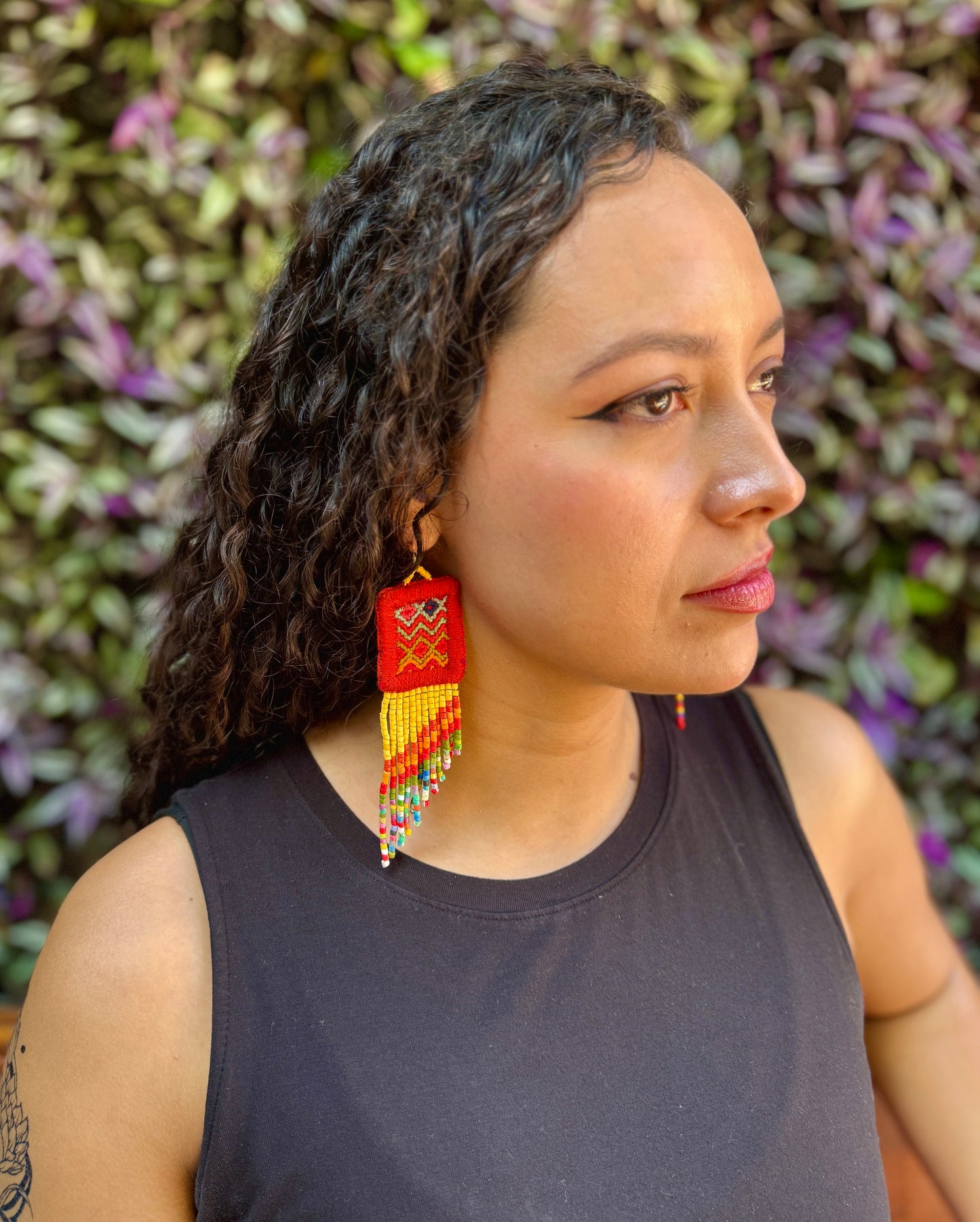 Handmade Statement Earrings with Aguacatán Textile & Graduated Clay Bead Fringe, burnt orange square