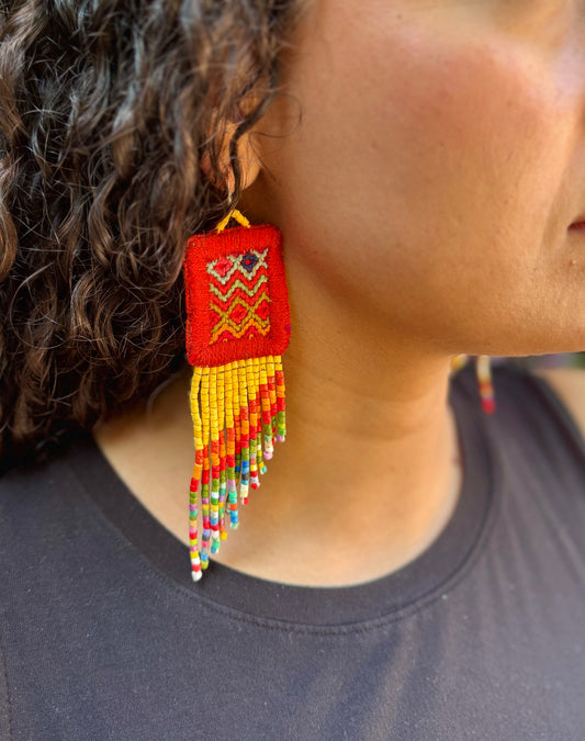 Handmade Statement Earrings with Aguacatán Textile & Graduated Clay Bead Fringe, burnt orange square