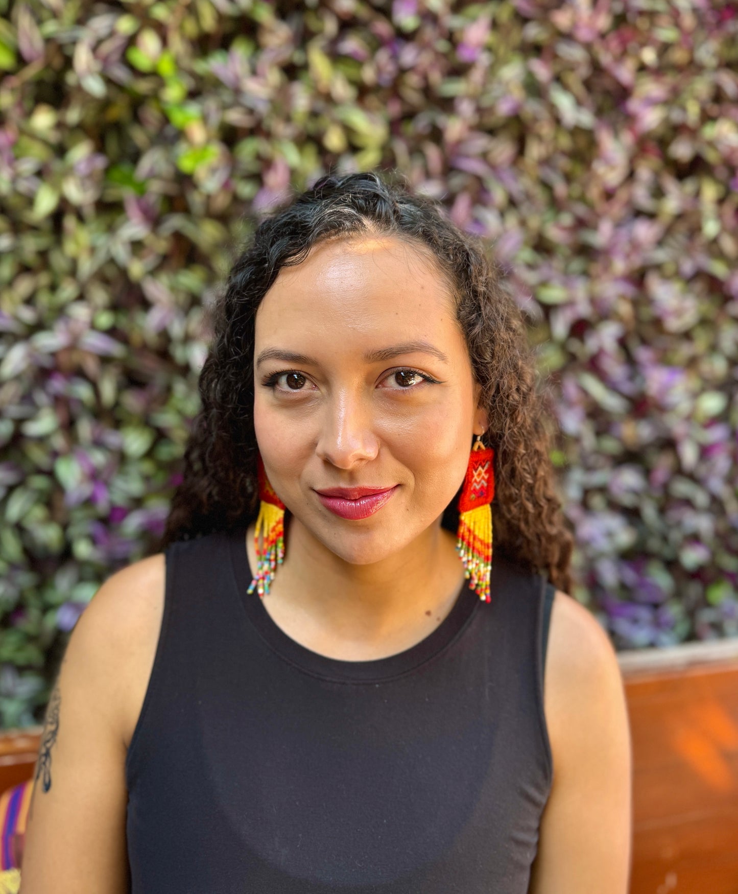 Handmade Statement Earrings with Aguacatán Textile & Graduated Clay Bead Fringe, burnt orange square
