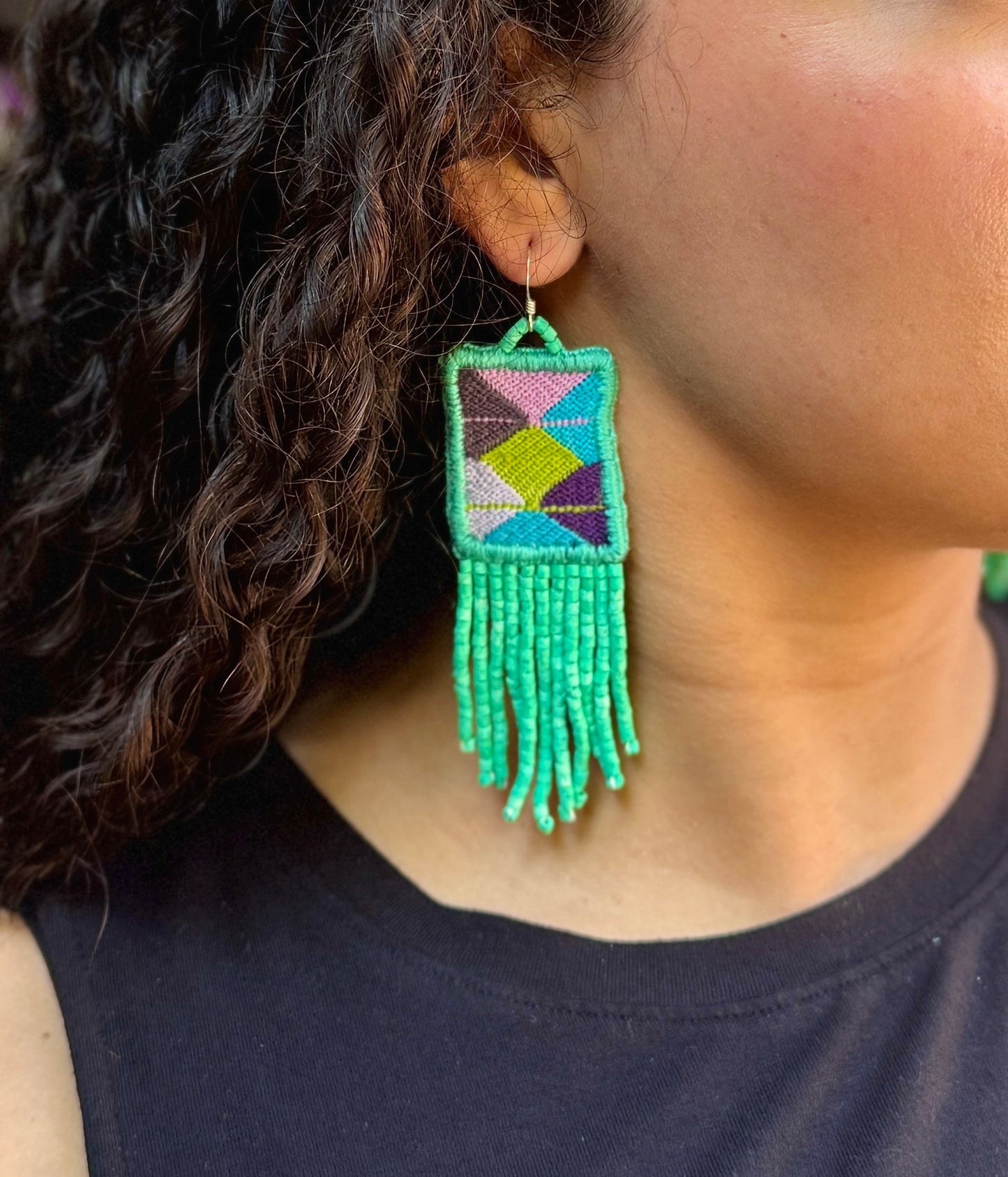 Guatemalan Mayan Textile Statement Earrings with Handmade Clay Beads, medium length, pastels