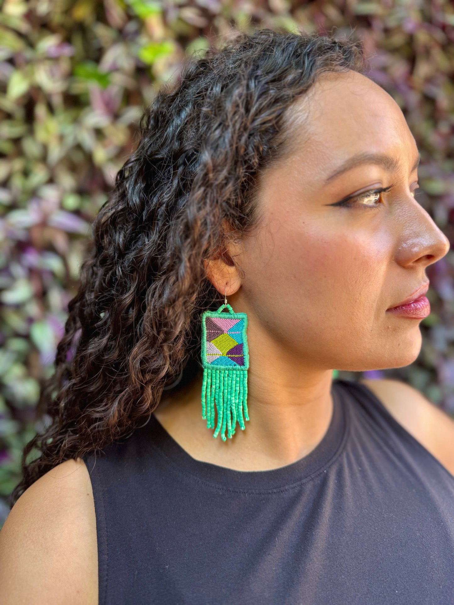 Guatemalan Mayan Textile Statement Earrings with Handmade Clay Beads, medium length, pastels