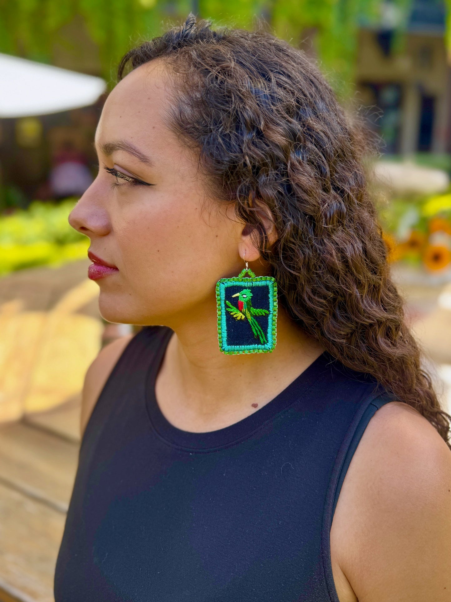 Artisan Guatemalan Embroidered Quetzal Inspired Bird Earrings with Ceramic Clay Beads and Silver Hooks, green