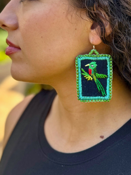 Artisan Guatemalan Embroidered Quetzal Mohawk Bird Earrings with Ceramic Clay Beads and Silver Hooks, light green