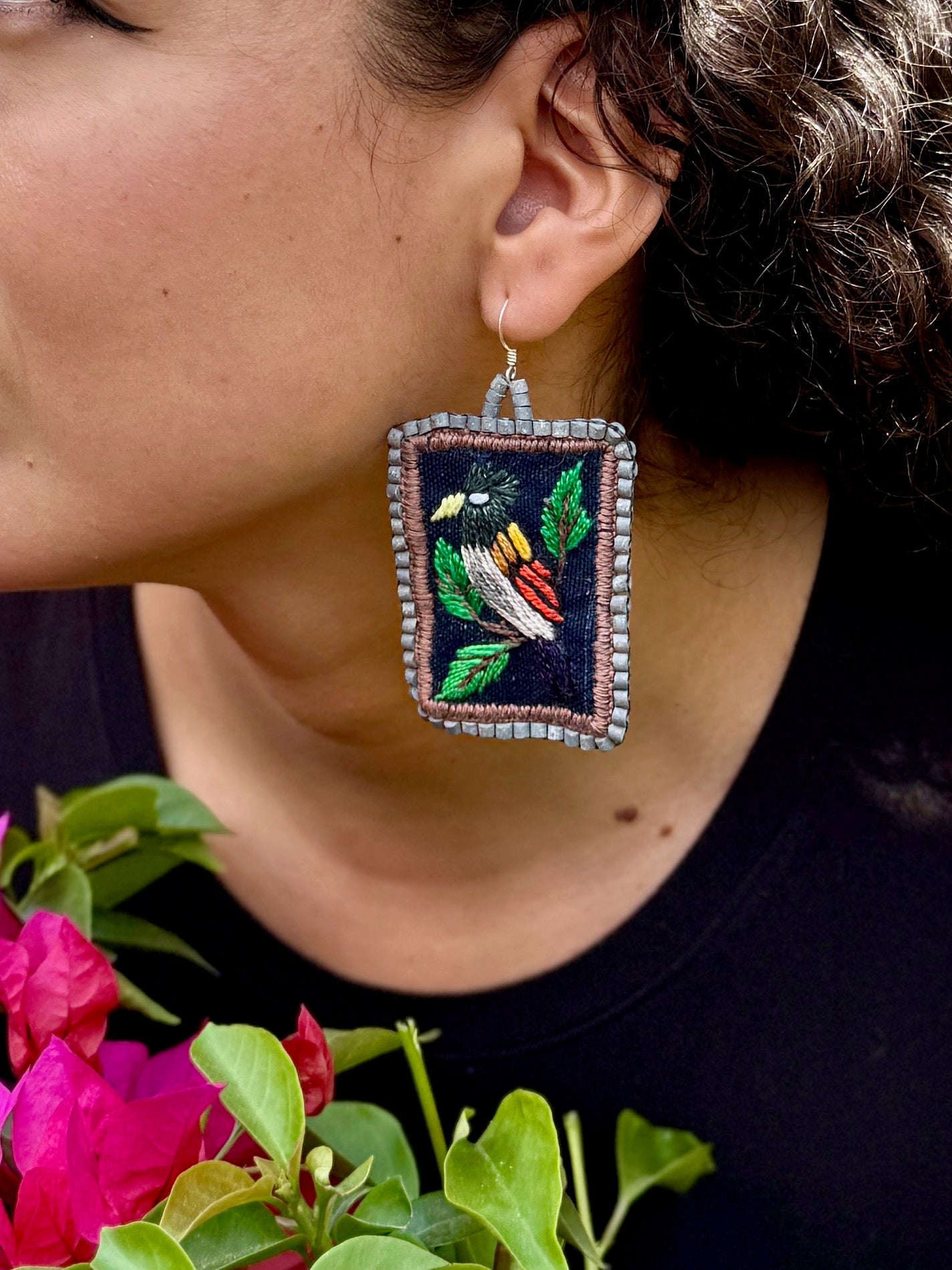 Artisan Guatemalan Embroidered Songbird Inspired Earrings with Ceramic Clay Beads and Silver Hooks, grey