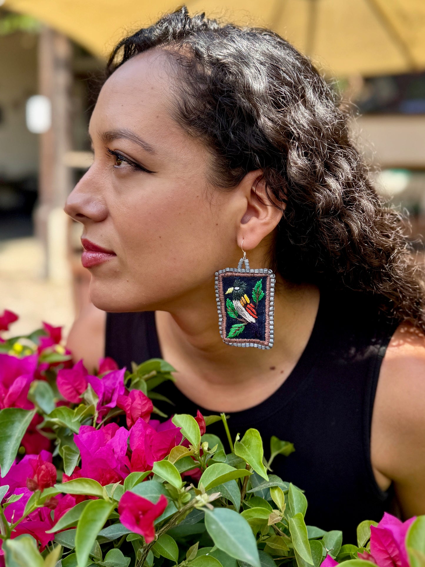 Artisan Guatemalan Embroidered Songbird Inspired Earrings with Ceramic Clay Beads and Silver Hooks, grey