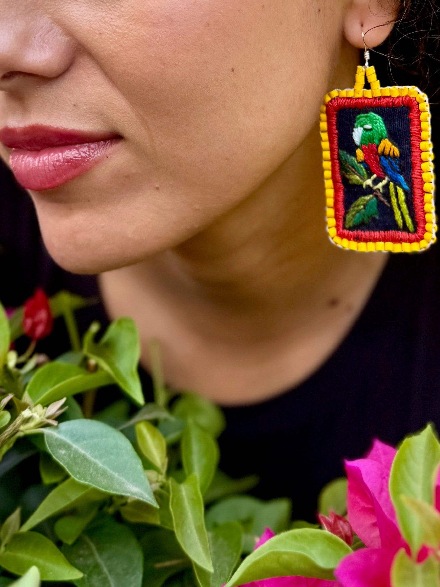 Artisan Guatemalan Embroidered Parrot Bird Earrings with Ceramic Clay Beads and Silver Hooks, yellow
