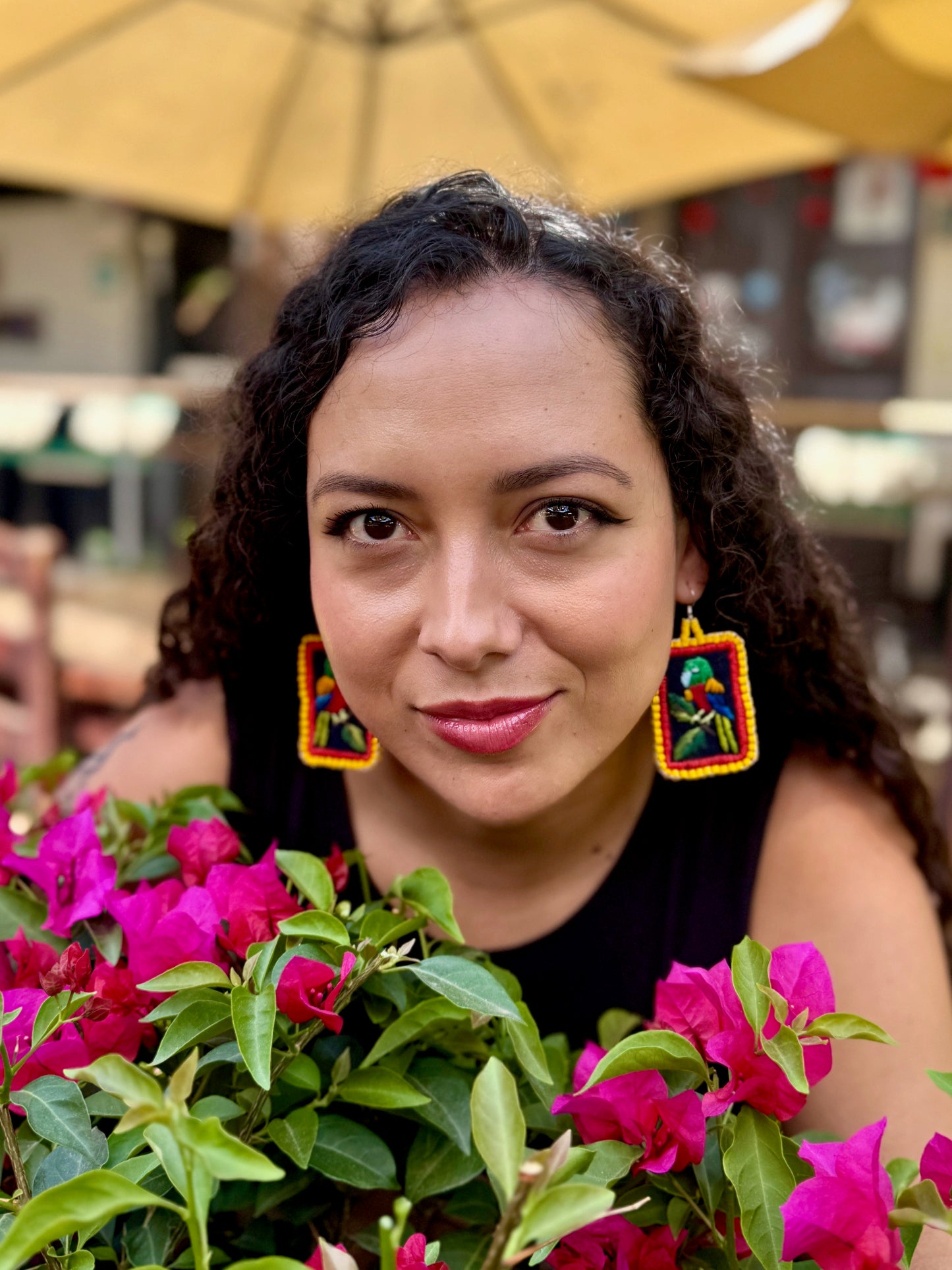 Artisan Guatemalan Embroidered Parrot Bird Earrings with Ceramic Clay Beads and Silver Hooks, yellow