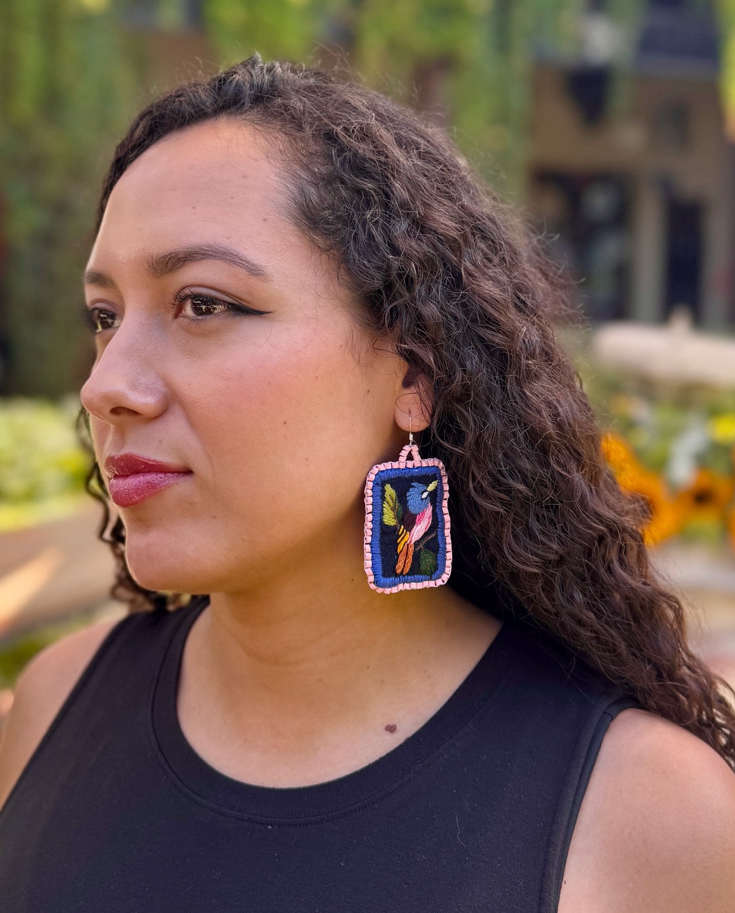 Artisan Guatemalan Embroidered Bluebird Inspired Bird Earrings with Ceramic Clay Beads and Silver Hooks, light pink