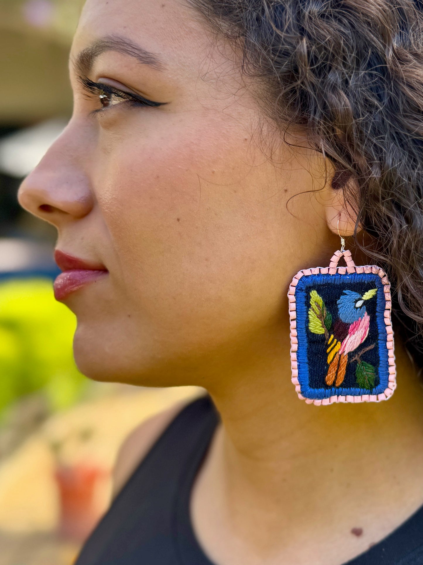 Artisan Guatemalan Embroidered Bluebird Inspired Bird Earrings with Ceramic Clay Beads and Silver Hooks, light pink