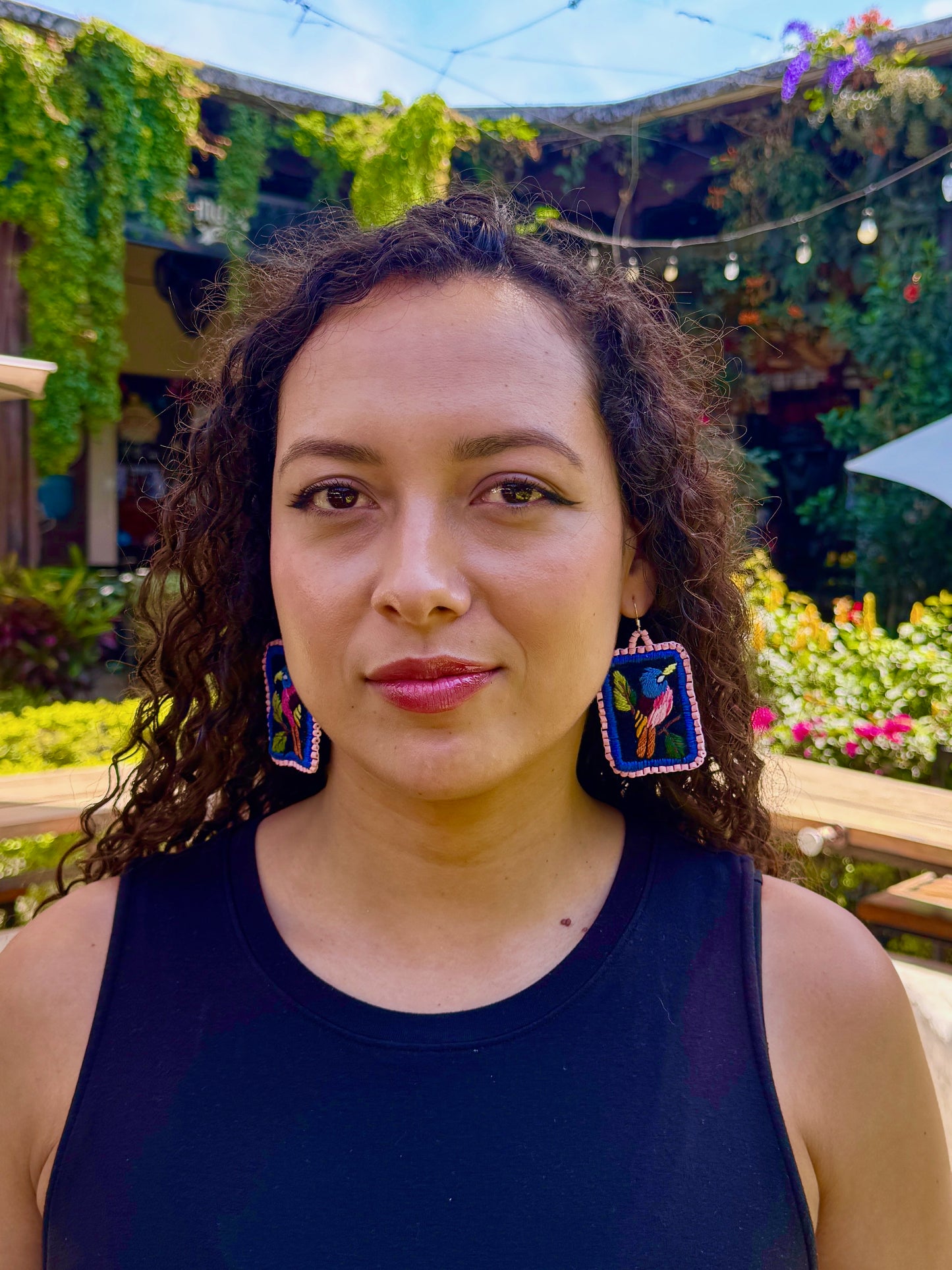 Artisan Guatemalan Embroidered Bluebird Inspired Bird Earrings with Ceramic Clay Beads and Silver Hooks, light pink