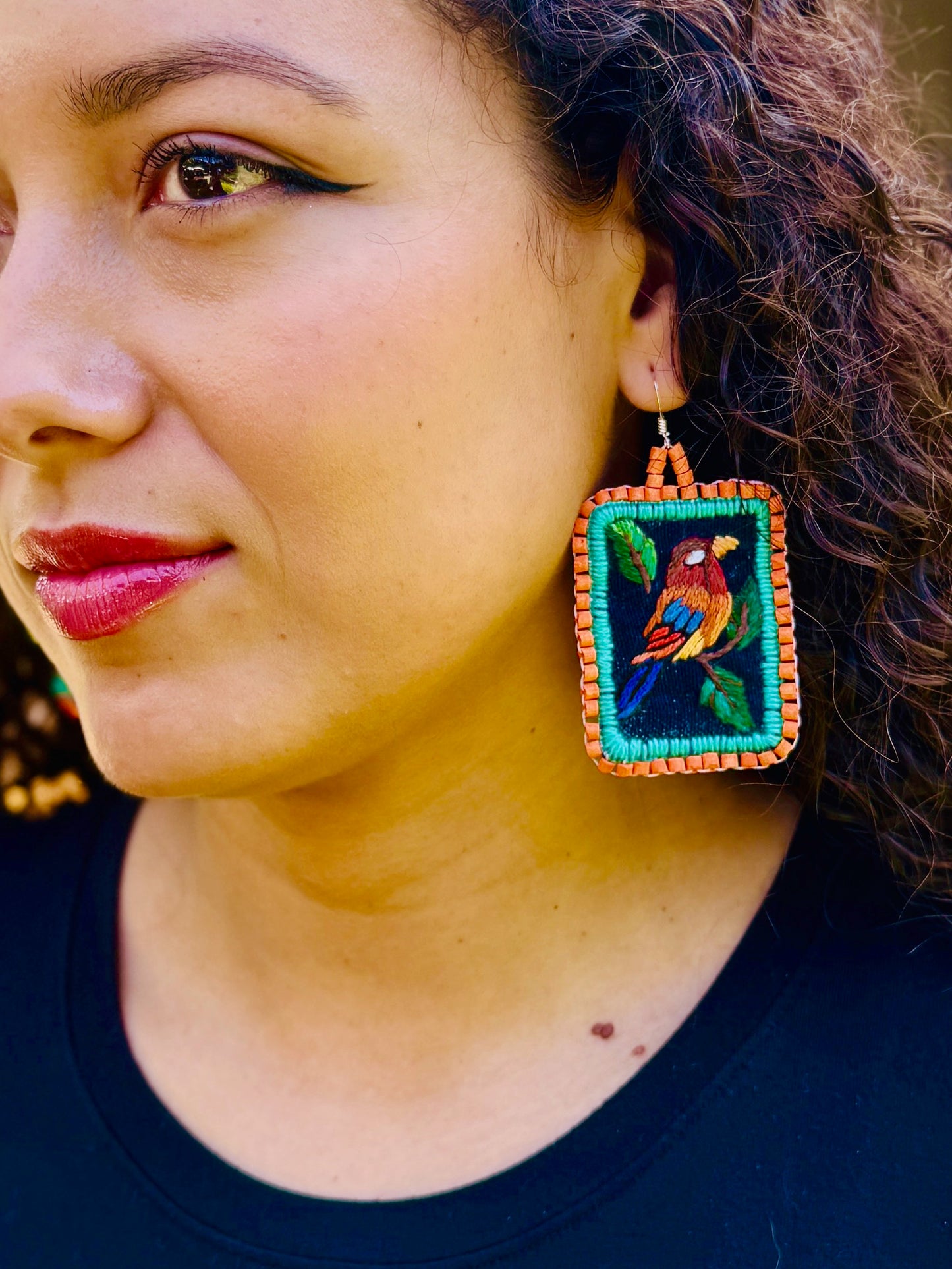 Artisan Guatemalan Embroidered Kingfisher Inspired Bird Earrings with Ceramic Clay Beads and Silver Hooks, orange